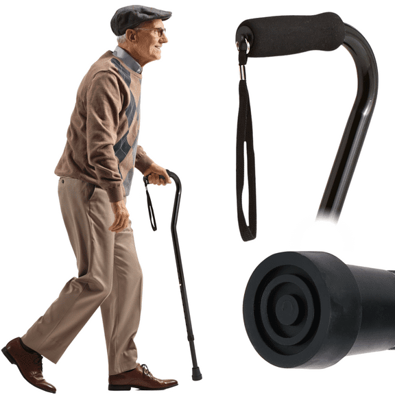 Medline Offset Walking Cane, 29-In to 38-In Adjustable Height, 300 lb Weight Capacity, Aluminum, Black