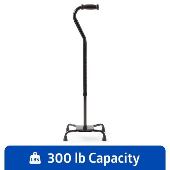 Medline Quad Walking Cane with Small Base, 29-In to 38-In Adjustable Height, 300 lb Weight Capacity, Aluminum, Black