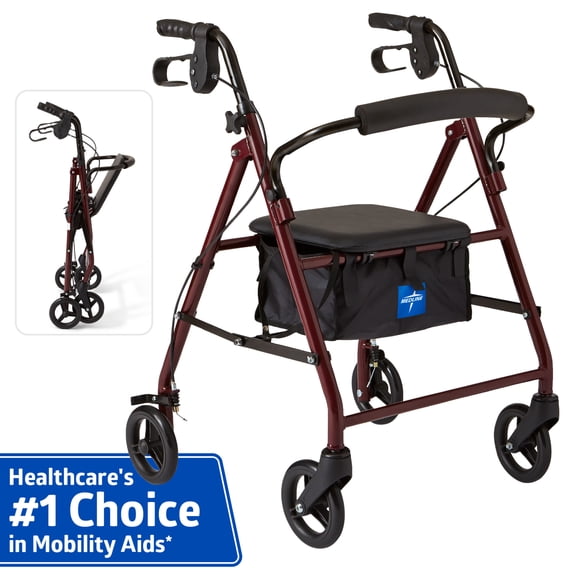 Medline Junior Folding Rollator with 6 Inch Wheels, 250 lb Capacity, Burgundy Frame