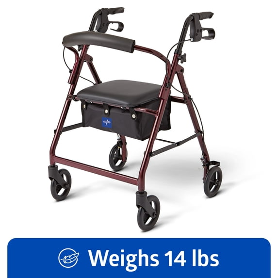 Medline Aluminum Rollator Walker, Folding Rolling Walker, 6" Wheels, 250 lbs Weight Capacity, Burgundy
