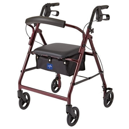 Medline Lightweight Aluminum Rollator Walker with Seat, 250 lbs Capacity, Folding Rolling Walker with 6” Wheels, Adjustable Handles, Burgundy