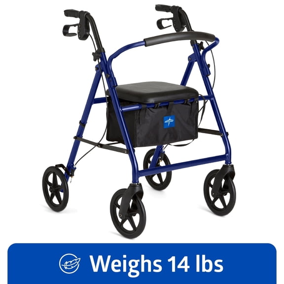 Medline Rolling Walker, Rollator with Seat and 8-In Wheels, Lightweight, Blue, 300-lb Capacity, Aluminum