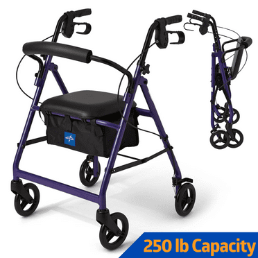 Medline Aluminum Rollator Walker with Seat, Foldable, 250 lb. Weight Capacity, Purple