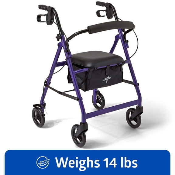 Medline Folding Rollator Walker with Seat and 6-in Wheels, Lightweight Aluminum Frame, Purple, 250 lb Weight Capacity