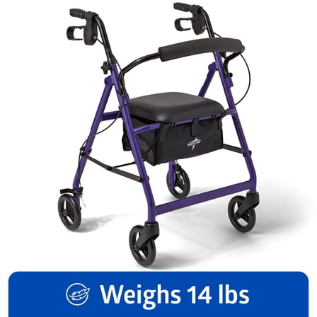 Medline Folding Rollator Walker with Seat and 6-Inch Wheels, Lightweight Aluminum Frame, Purple, 250 lb Capacity