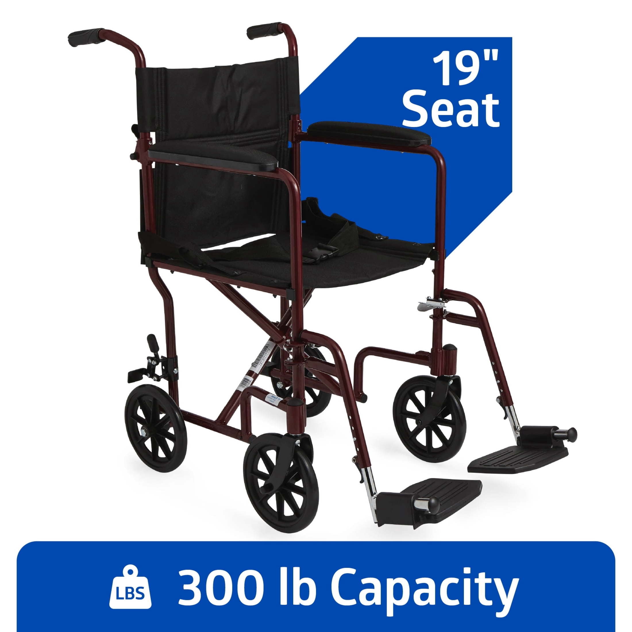Medline Aluminum Transport Wheelchair with 8 in Wheels, Swing Away Footrests and Permanent Full-Length Arms, Red