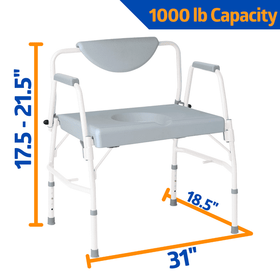 Medline Bariatric Drop-Arm Commode, Heavy Duty Steel Toilet Chair, 1,000 lb. Weight Capacity