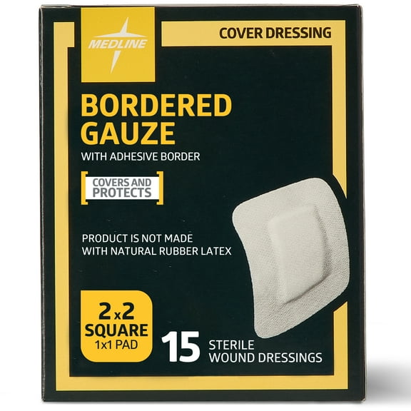 Medline Bordered Gauze, Adhesive Island Wound Dressing, Sterile, 2"x2", 15 Count