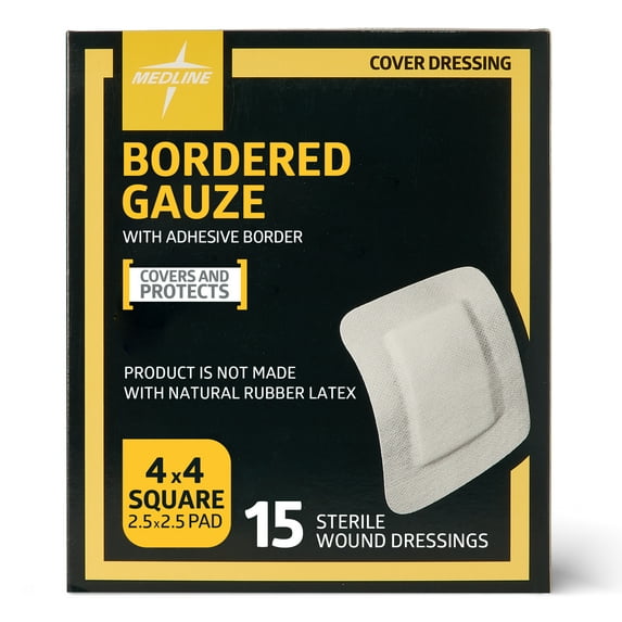 Medline Bordered Gauze, Adhesive Island Wound Dressing, Sterile, 4"x4", 15 Count