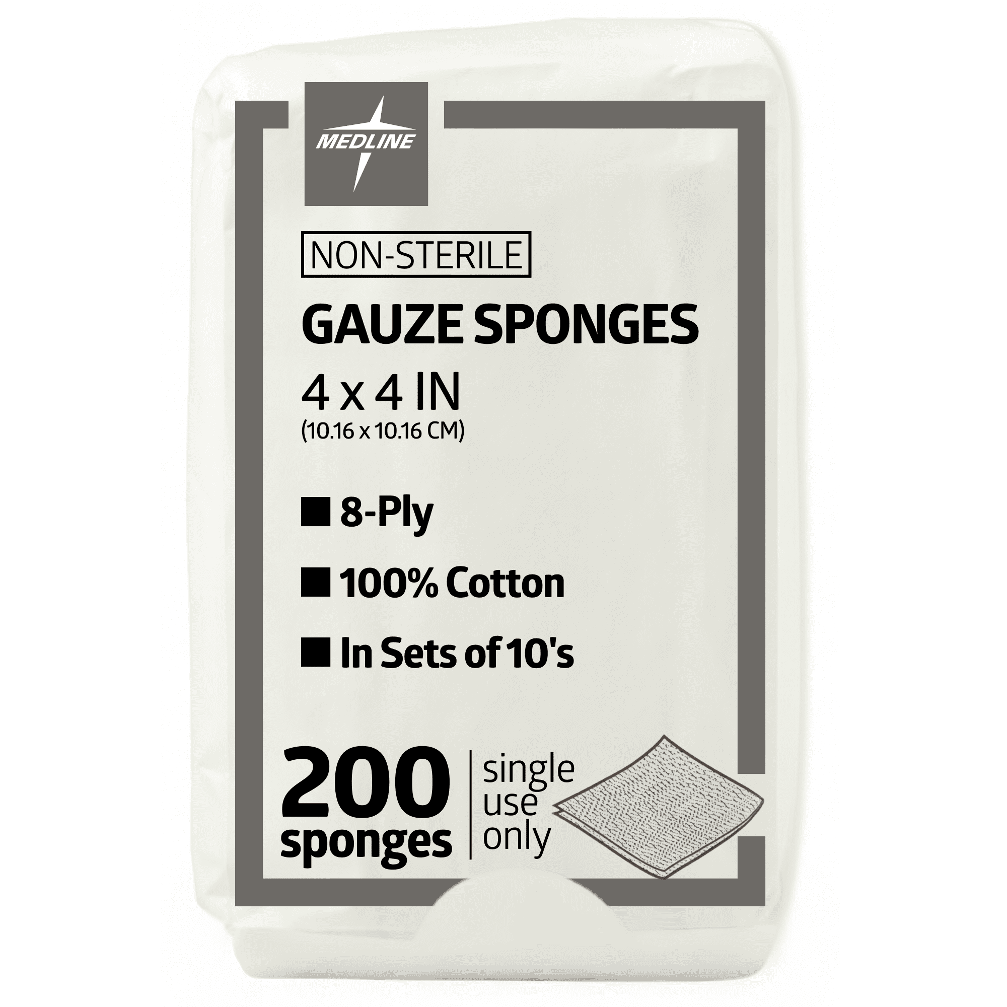 Medline 4x4 NonSterile Gauze Sponges, 8-ply, 200 Pcs, Medical