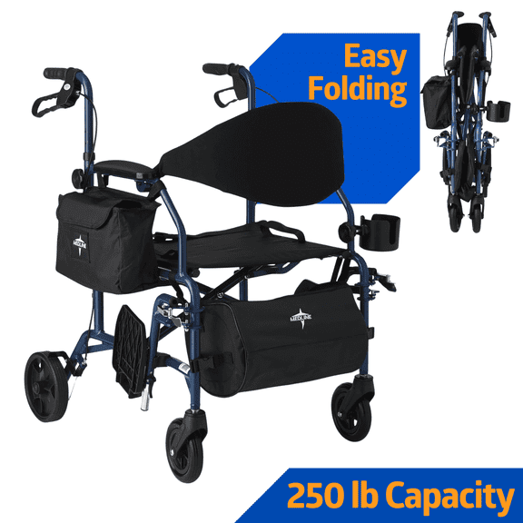 Medline Combination Rollator Transport Wheelchair, Folding Rolling Walker Wheel Chair, 6In Wheels, Blue Frame, 250-lb Capacity, Steel