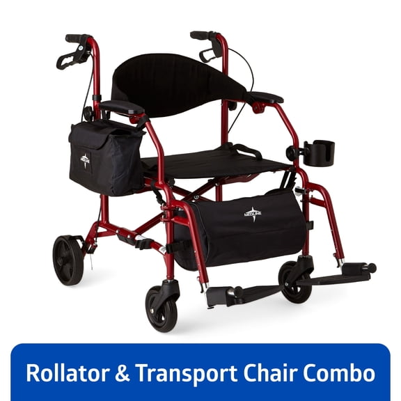 Medline Hybrid Rollator Transport Chair with Permanent Desk Arms, Swing-Away Footrests, Red, 250-lb Capacity, Steel