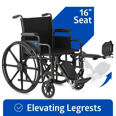 Medline Wheelchair with Swing-Back Desk Arms, Elevating Legrests, 16-In Seat, Folding, 300 lb Weight Capacity, Black