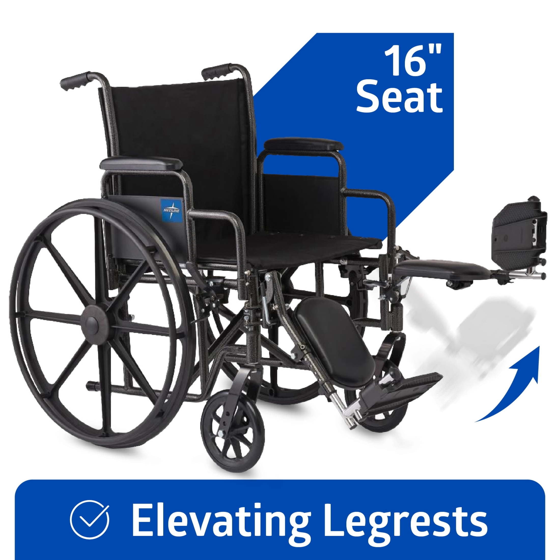 Medline Comfortable Folding Manual Wheelchair with Swing-Back, Arms and Elevating Footrests, 16 in Seat