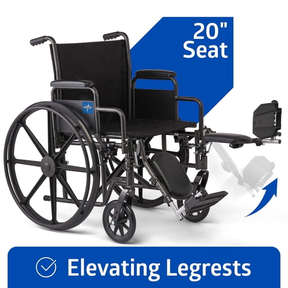 Medline Comfortable Folding Manual Wheelchair with Swing-Back Arms, Elevating Footrests, 20 in Seat