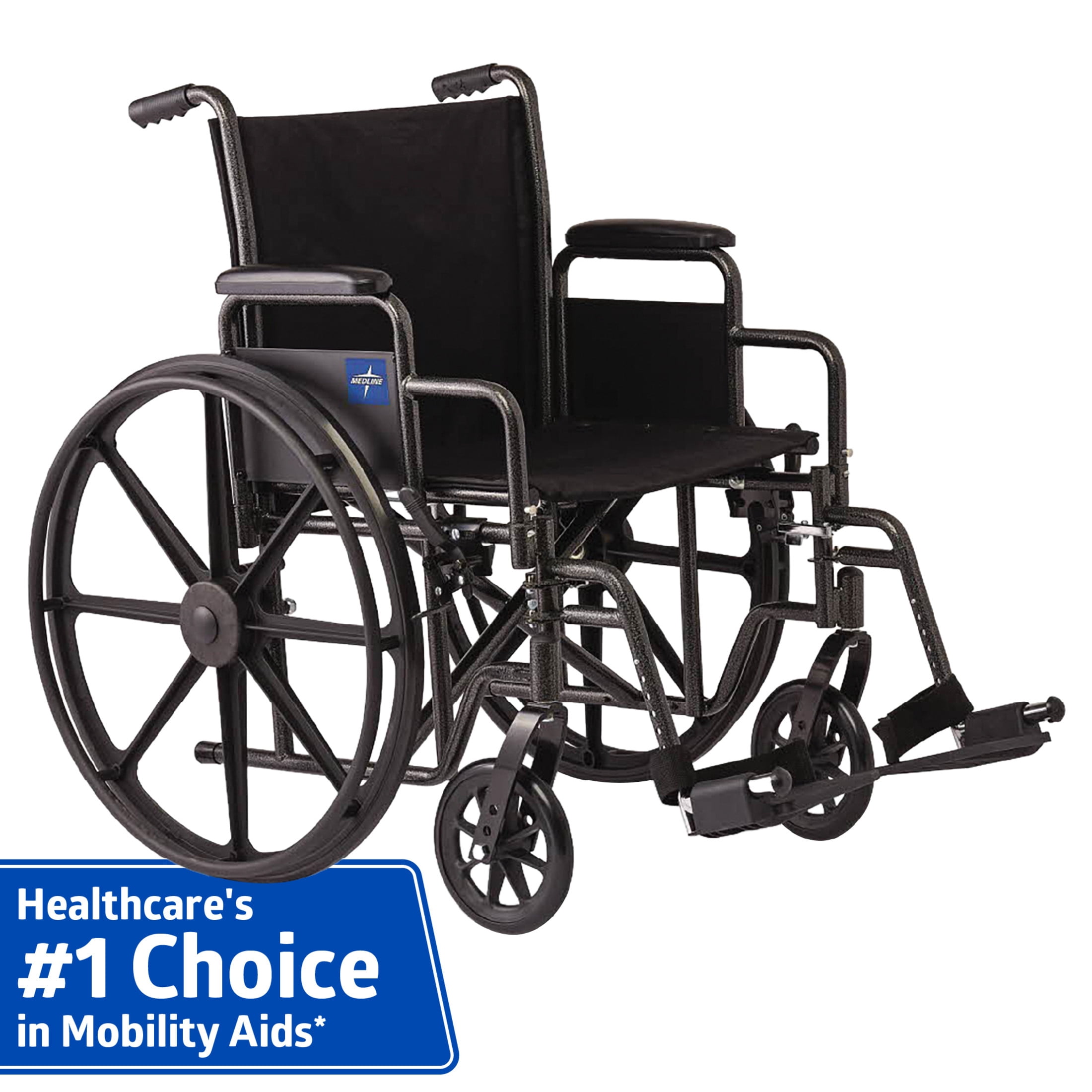 Medline Comfortable Folding Wheelchair with Swing-Back Desk-Length Arms and Swing-Away Footrests, 20 in W x 16 in D Seat