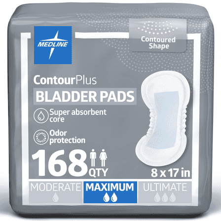 Medline ContourPlus Bladder Control Pads for Men and Women, Maximum Absorbency, 6.5 x 13.5in, 168 Count