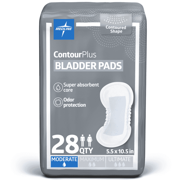Medline ContourPlus Bladder Control Pads for Men and Women, Moderate Absorbency, 5.5 x 10.5in, 28 Count