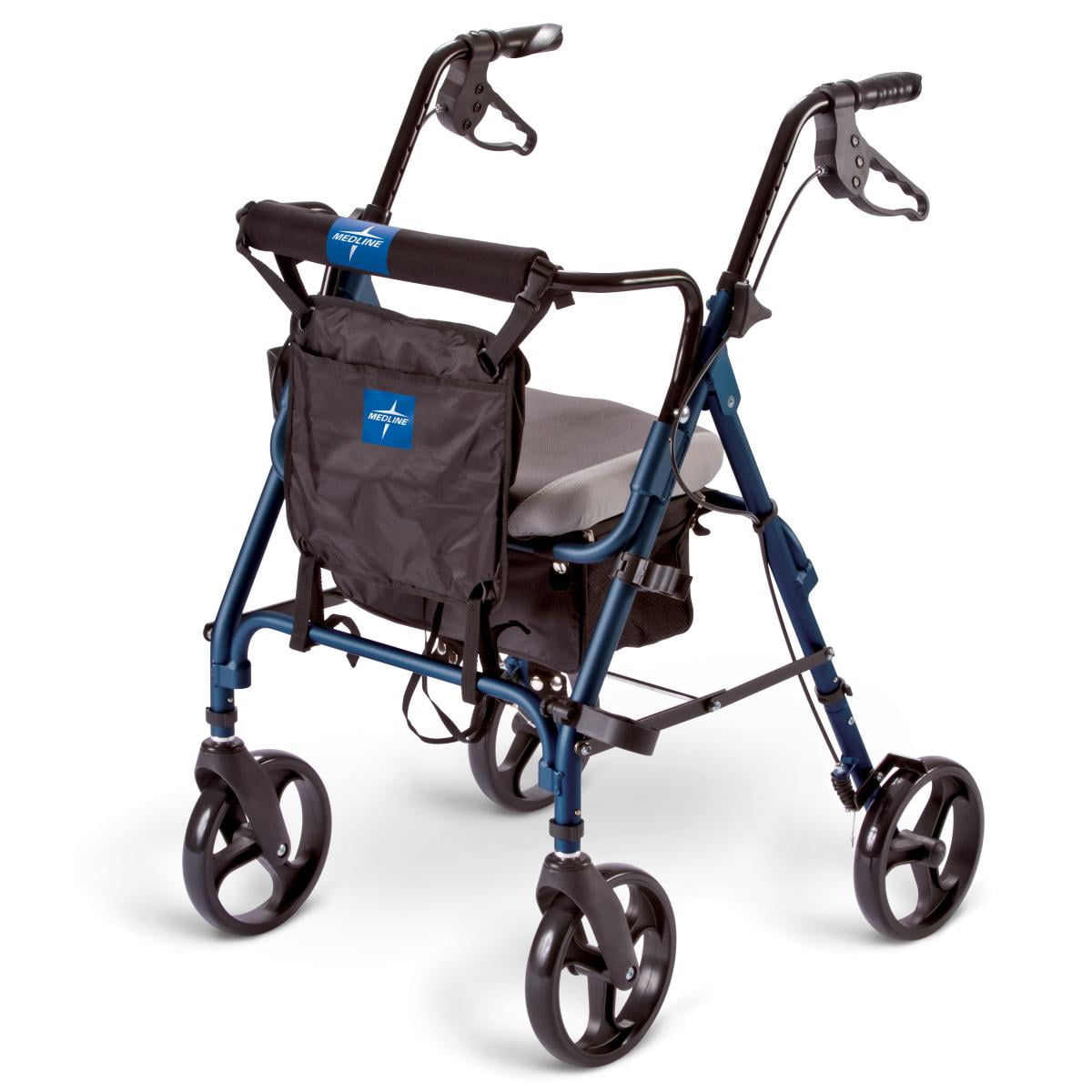 Medline Deluxe Comfort Rollator, Folding Rolling Walker, 8" Wheels, 300lb Weight Capacity, Blue Frame