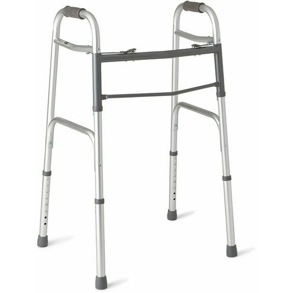 Medline Deluxe Two-Button Folding Walker with Height Adjustable Legs, 300 lb Weight Capacity