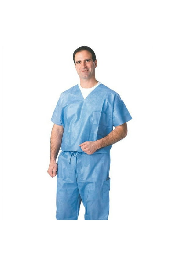 Disposable Scrub Shirts, Large, Blue, Case Of 30