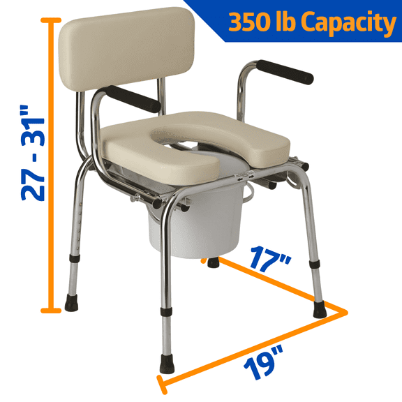 Medline Bedside Commode with Drop Arm Padded Seat and Back, Sturdy, Portable Toilet, 350 lb Weight Capacity, Steel, Beige