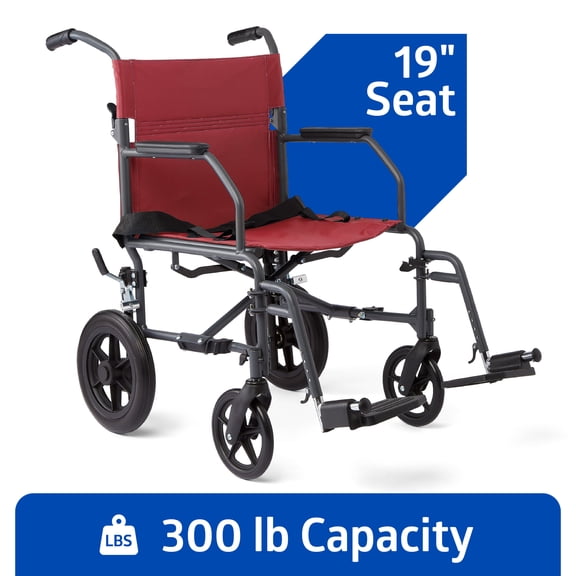 Medline Red Transport Wheelchair with Desk Arms and Swing-Away Footrests, 300 lb Capacity