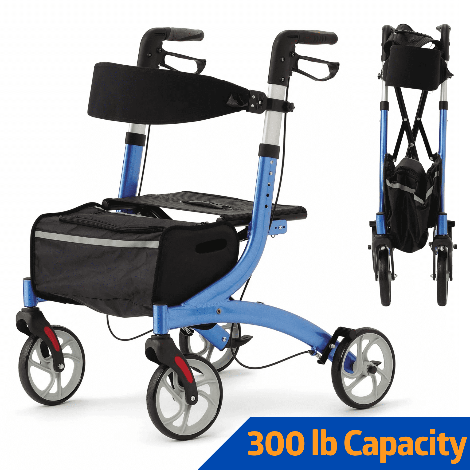 Medline EuroStyle Rolling Walker, Easy Folding & Height Adjustable, Padded Seat & Backrest, With Locking Brakes, 8" Wheels, Blue