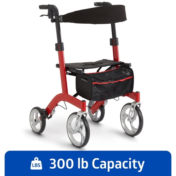 Medline Rolling Walker, Rollator with Seat and Wheels, Lightweight, Red, 300-lb Capacity, Aluminum