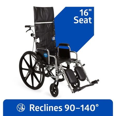 Medline Excel Reclining Wheelchair, 16" Wide Seat, Desk-Length Removable Arms, Elevating Leg Rests