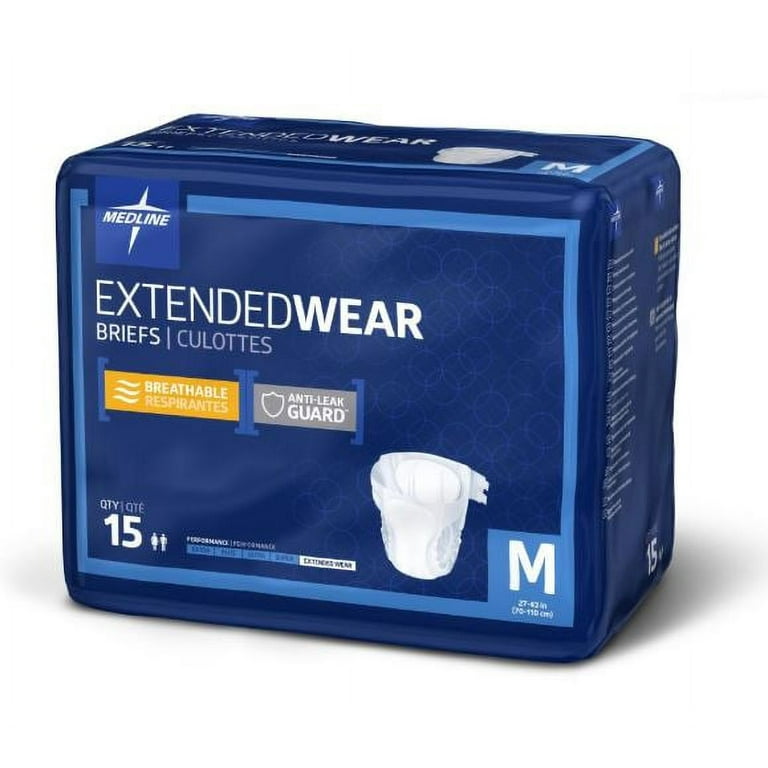 Medline Extended Wear Adult Disposable Briefs with Tabs, Overnight High  Absorbency Protection, Medium 27-43, 15 Count 