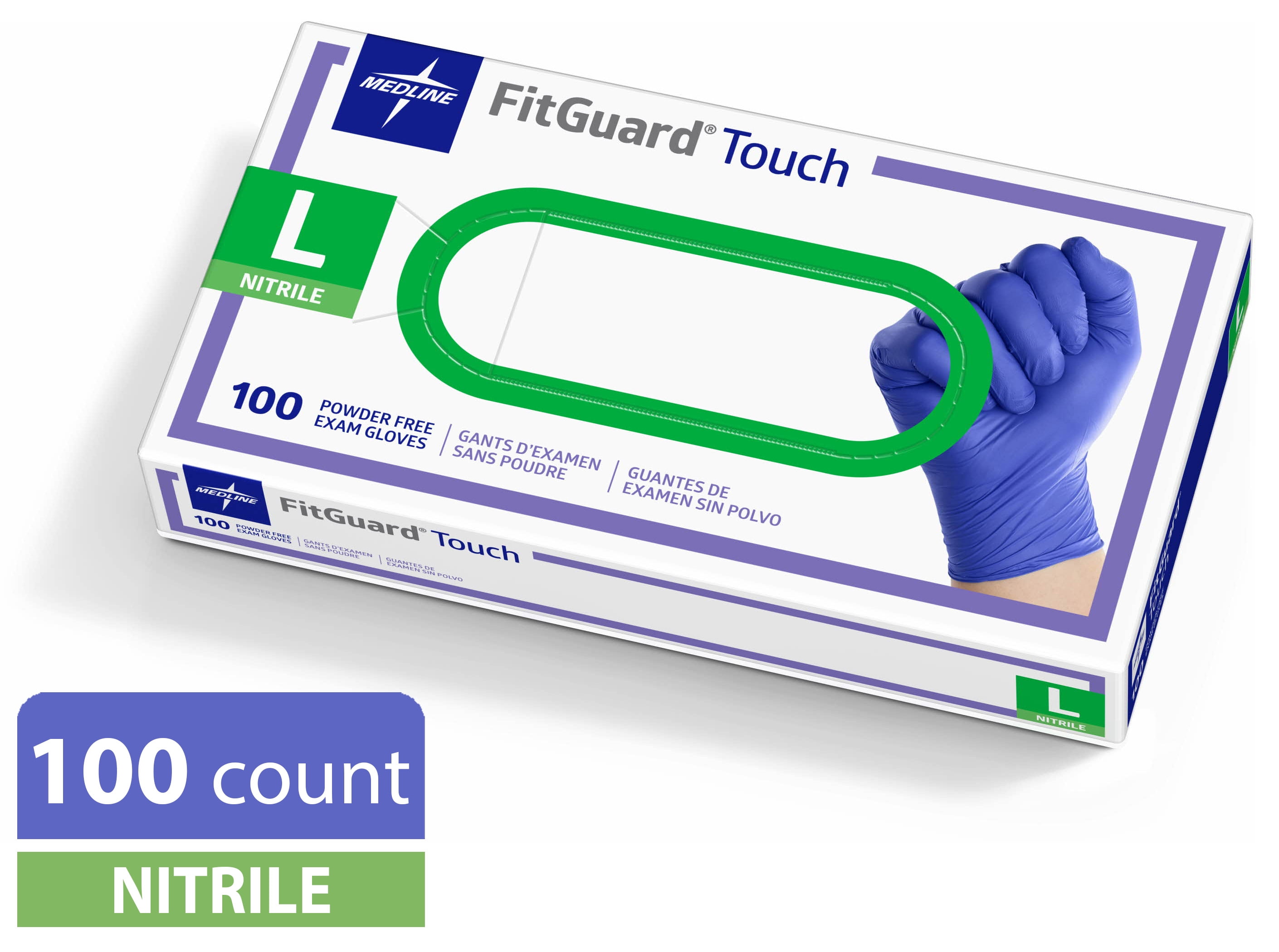Medline FitGuard Touch Nitrile Exam Gloves, 100 Count, Large, Blue