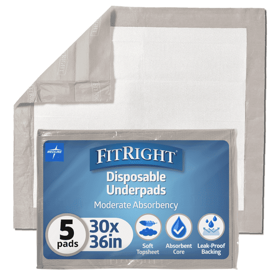 FitRight Disposable Adult Bed Pads for Incontinence, Furniture, or Pets, Extended Use, Large, 30 x 36in, 5 Count