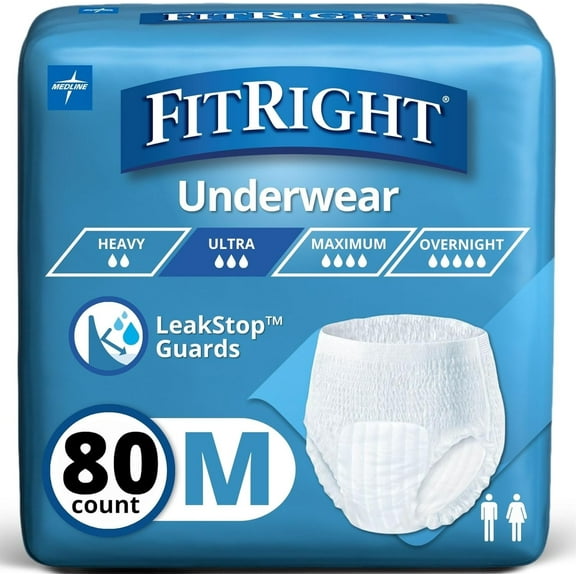 FitRight Incontinence Underwear for Men and Women, Adult Diapers, Ultra Absorbent, Medium, 28in to 40in, 80 Count