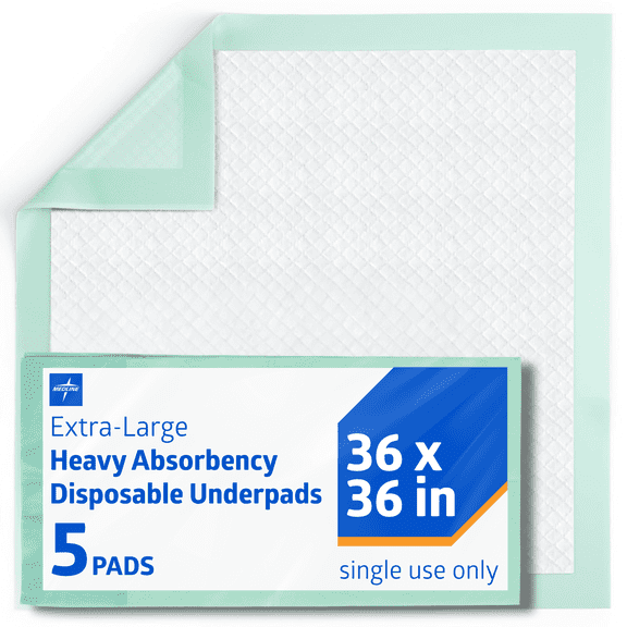 Medline Disposable Adult Bed Pads for Incontinence, Furniture, or Pets, XL, Moderate Absorbency, 36 x 36in, 5 Count
