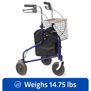 Medline Rolling Walker, 3-Wheeled Rollator with 8-In Wheels, Blue, 275-lb Capacity, Steel, Includes Tray