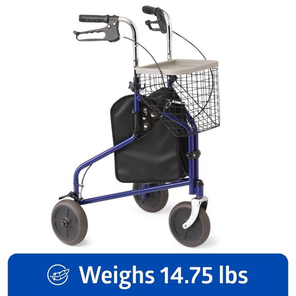 Medline Rolling Walker, 3-Wheeled Rollator with 8-In Wheels, Blue, 275-lb Capacity, Steel, Includes Tray