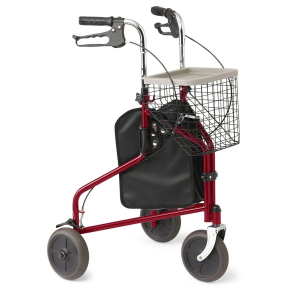 Medline Rolling Walker, 3-Wheeled Rollator with Seat and 8-In Wheels, Red, 275 lb Weight Capacity, Includes Tray