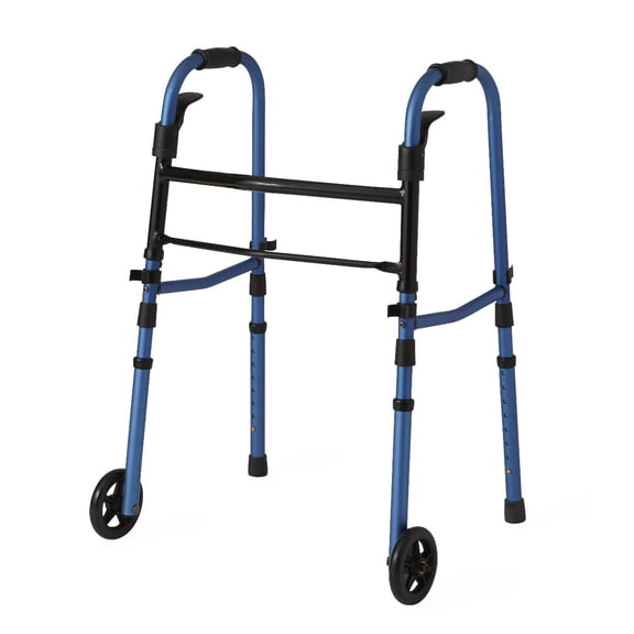 Medline Folding Walker With 5" Wheels, For Adults, Elderly and Disabled, Height Adjustable Roller Walker, 350 lb Weight Capacity, Blue