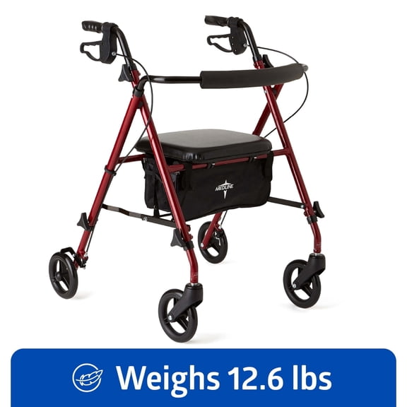 Medline Superlight Folding Aluminum Mobility Rollator Walker, Red, 250 lb. Weight Capacity, 6" Wheels, Adjustable Arms and Seat, Foldable Rolling Walker for Seniors