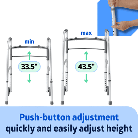 Medline Bariatric Folding Walker for Seniors, Heavy Duty, Extra Wide, 5-In Wheels, 500 lb Capacity, Aluminum, Silver