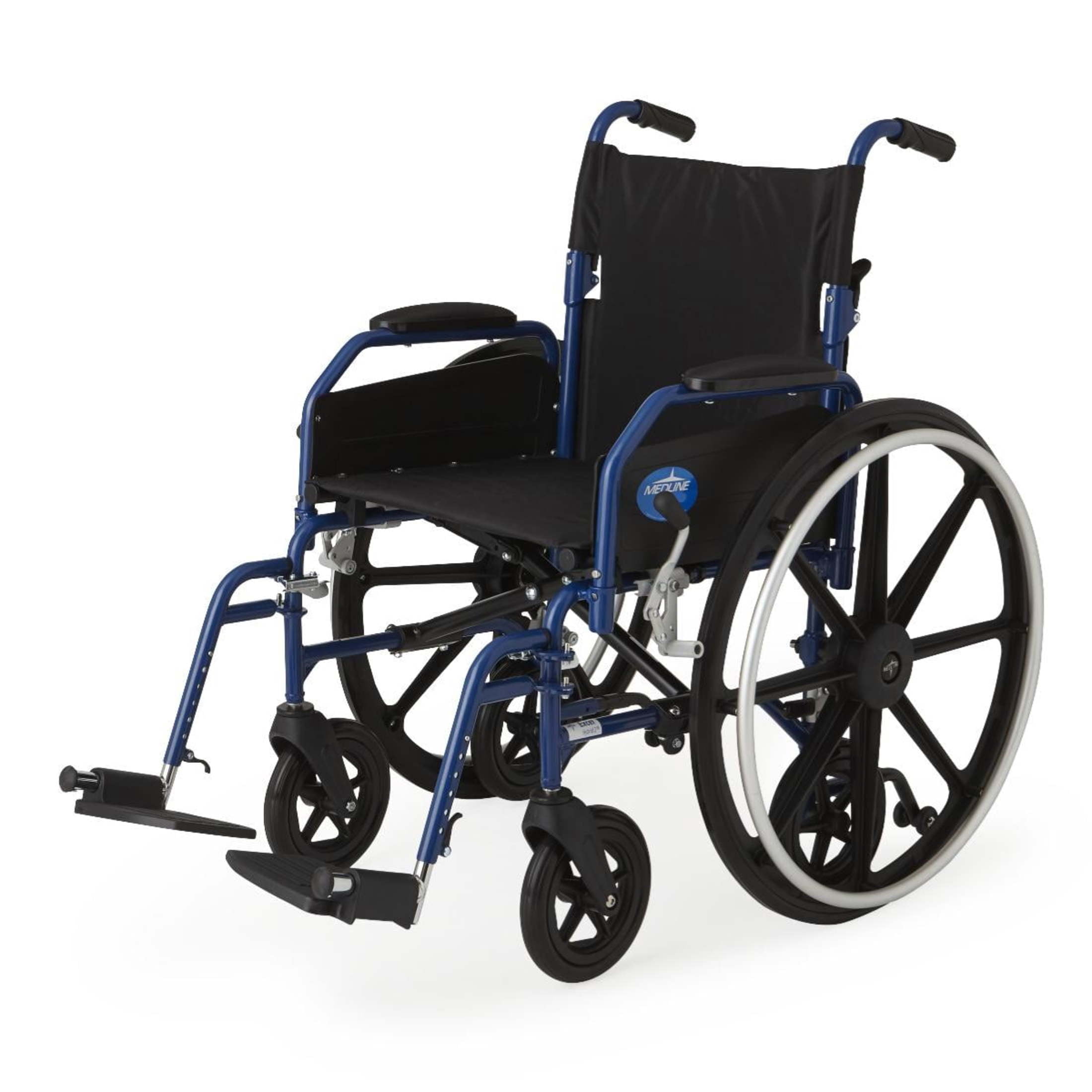Medline Hybrid 2 Wheelchair and Transport Chair, Swing Away Footrests and Removable Desk-Length Arms, 300 lb Weight Capacity, Blue Frame