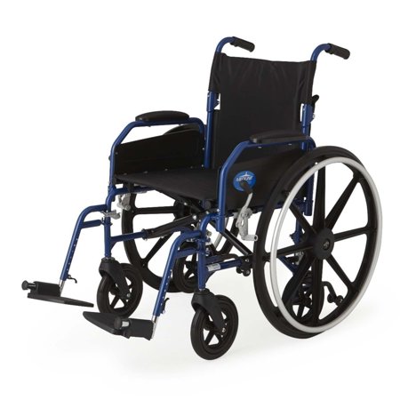 Medline Hybrid 2 Wheelchair and Transport Chair, Swing Away Footrests and Removable Desk-Length Arms, 300 lb Weight Capacity, Blue Frame
