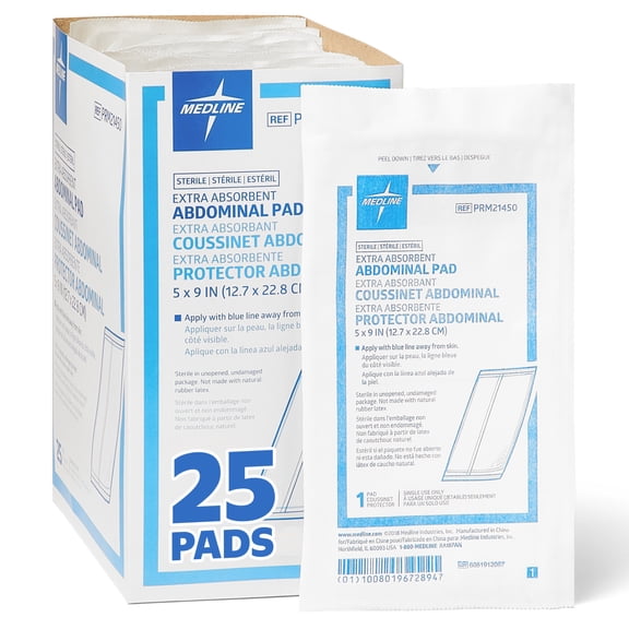 Medline Sterile Abdominal Pads, 25 Count, 5in x 9in, Extra Absorbent, for Heavy Wounds and First Aid