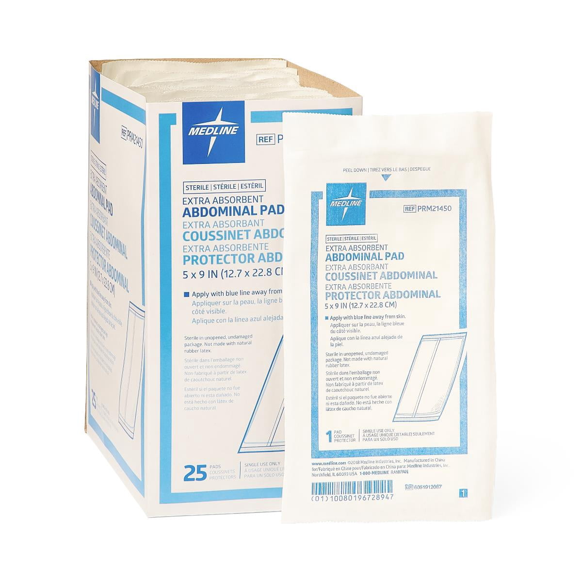 Medline Sterile Abdominal Pads, 25 Count, 5in x 9in, Extra Absorbent, for Heavy Wounds and First Aid