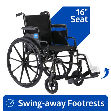 Medline Wheelchair with Swing-Back Desk Arms, Swing-Away Footrests, 16-In Seat, Height Adjustable, 300 lb Weight Capacity, Black