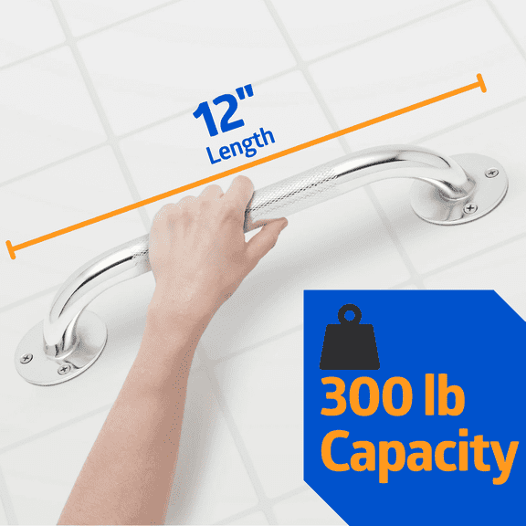 Medline Grab Bar Bathtub and Shower Handle for Seniors, 12In, 300 lb. Capacity, Steel, Knurled Chrome