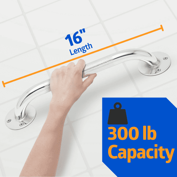 Medline Bathroom and Shower Grab Bar for Seniors, Knurled, 16-In Length, 300 lb Weight Capacity, Steel, Chrome