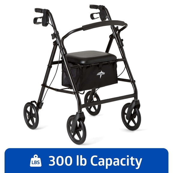 Medline Lightweight Aluminum Rollator, Folding Rolling Walker, 8 in Wheels, 300 lb Weight Capacity, Black Frame