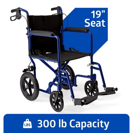 Medline Transport Wheelchair with Permanent Full-Length Arms and Handbrake, Lightweight, Swing-Away Footrests, 300 lb Capacity, Blue